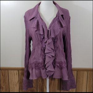 Sunny Taylor Blouse Purple Victorian Beaded Ruffled Crinkled Flared Sleeves